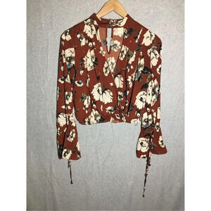 Womens Altar’d State Blouse V Neck Bell Sleeve Beading Details Floral Cropped